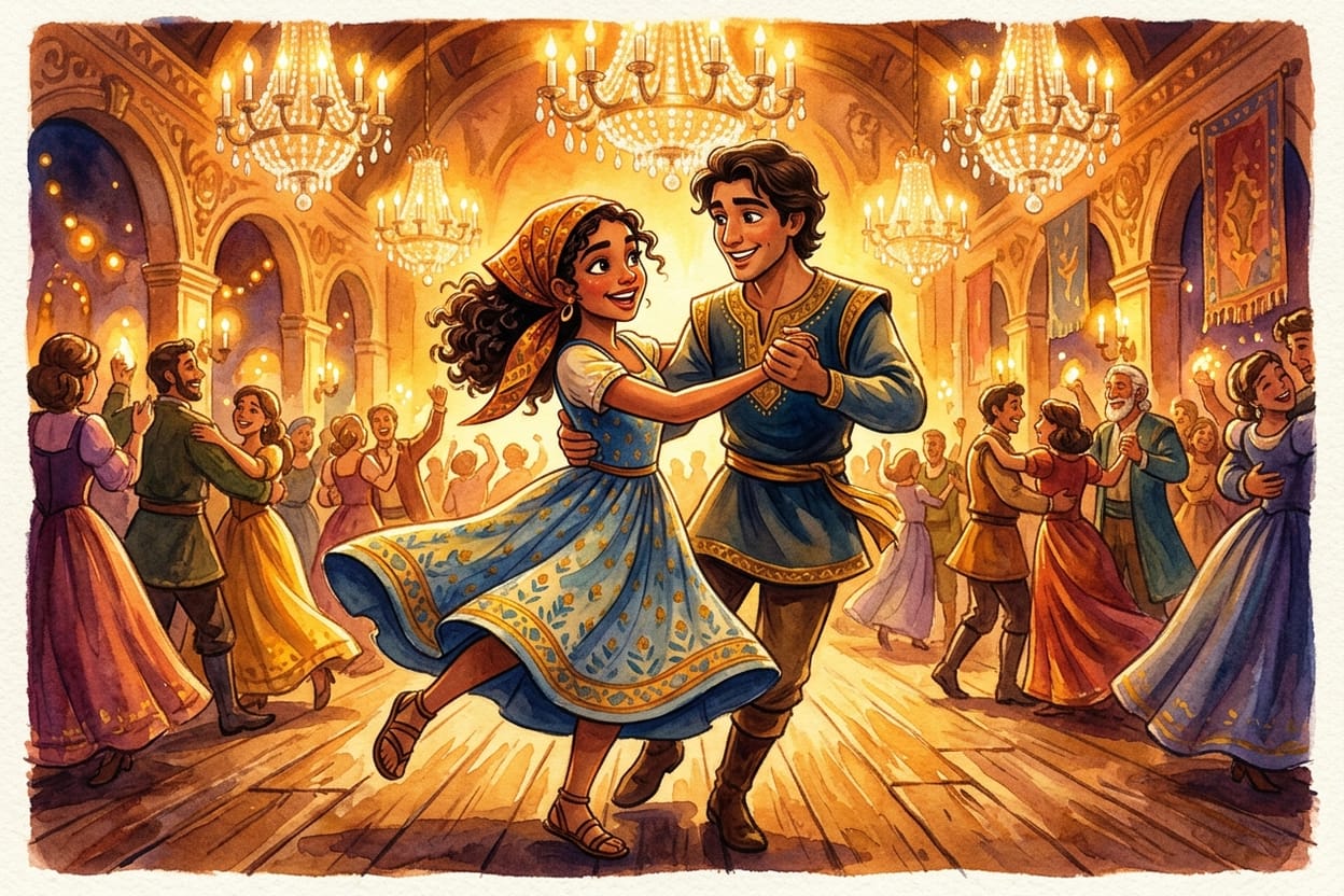 A dança com o príncipe no salão, sob os lustres acesos
