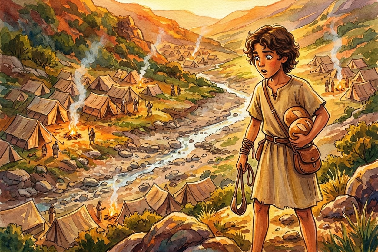 Menino pastor no alto de um morro, com pães debaixo do braço, olhando um vale largo com acampamentos nos dois lados