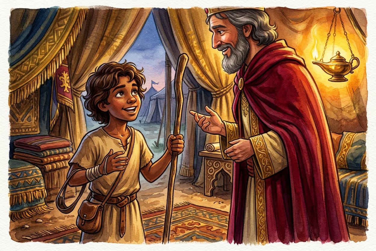 Menino pastor descalço e de túnica simples conversando com um rei alto de manto dentro de uma tenda iluminada por lamparina