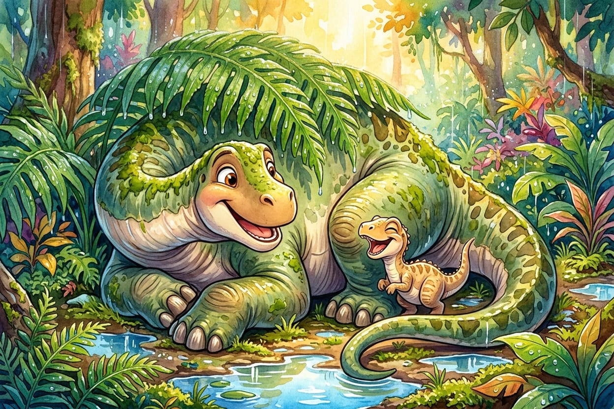 O dinossauro gigante e a filhote rindo juntos, encolhidos lado a lado na chuva