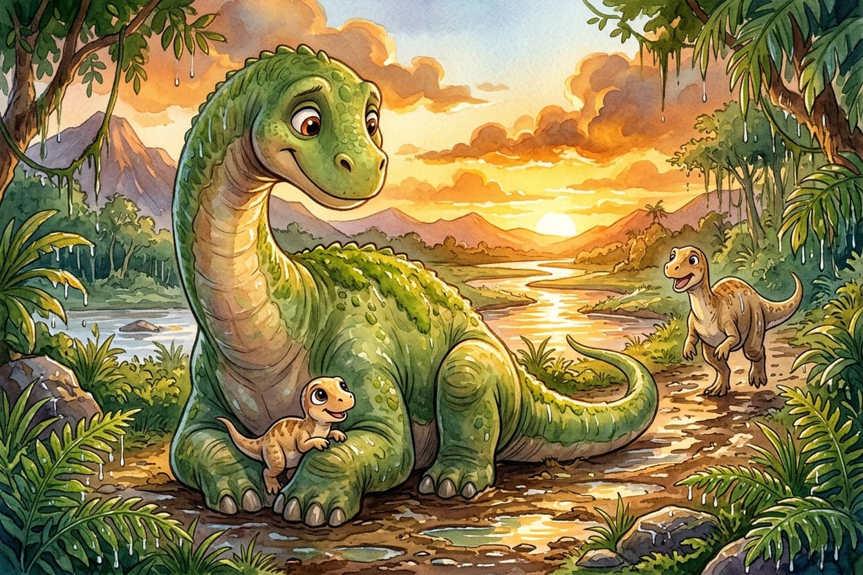A mãe da filhote encontra os dois juntos na luz alaranjada do fim da tarde