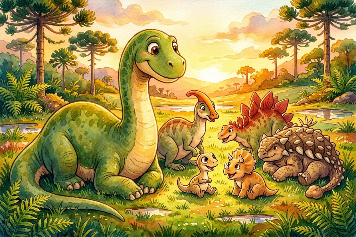 Dinossauros diferentes conversando em roda no fim da tarde, contando uns aos outros os próprios medos