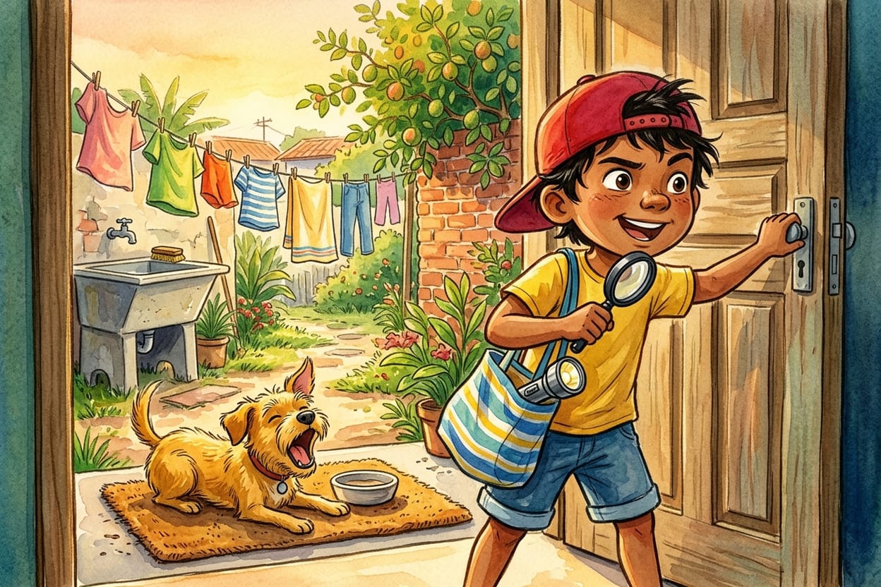 Menino de boné virado para trás e sacola de feira no ombro abre a porta dos fundos segurando uma lupa, com um cachorro amarelo esperando ao lado