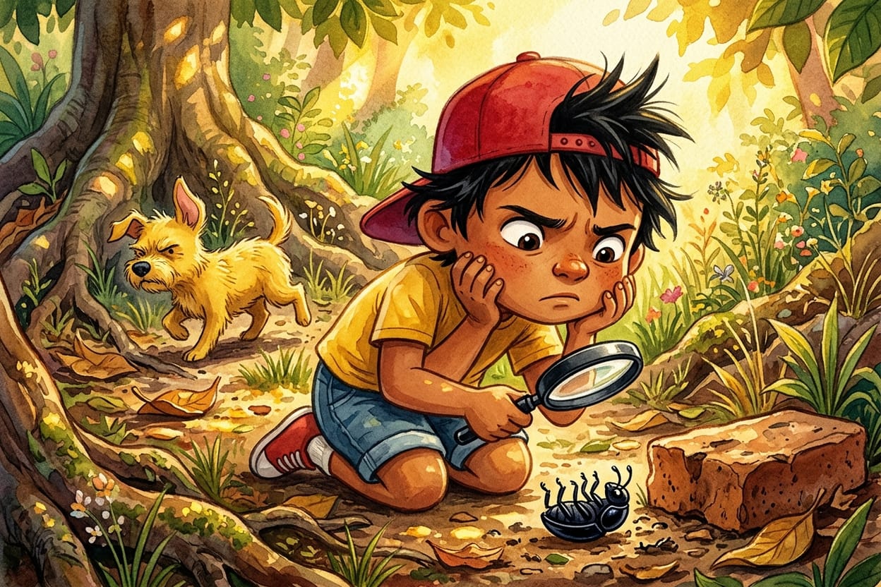 Besouro preto e brilhante deitado de costas na terra com as pernas encolhidas, e o menino observando de queixo apoiado nas mãos