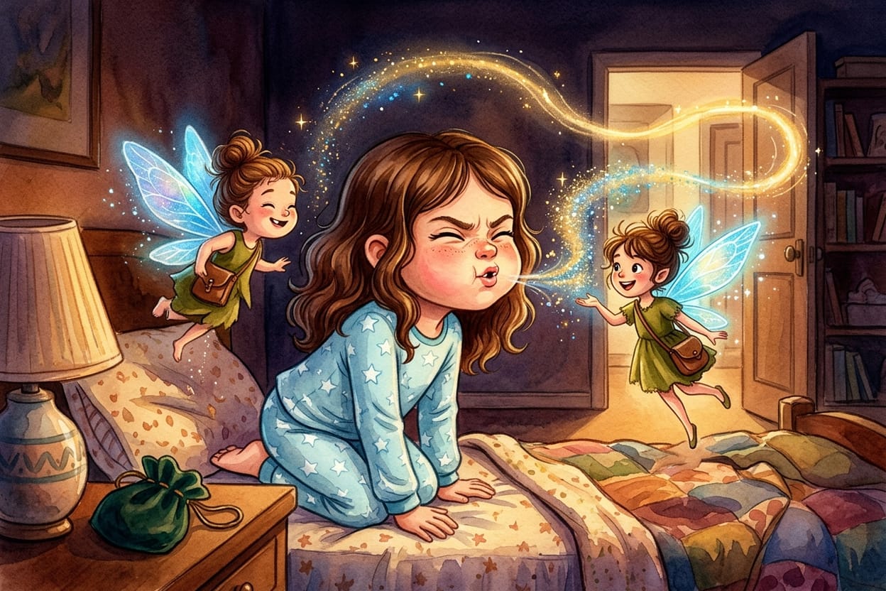 A menina soprando a poeirinha brilhante da mão da fadinha dentro do quarto escuro