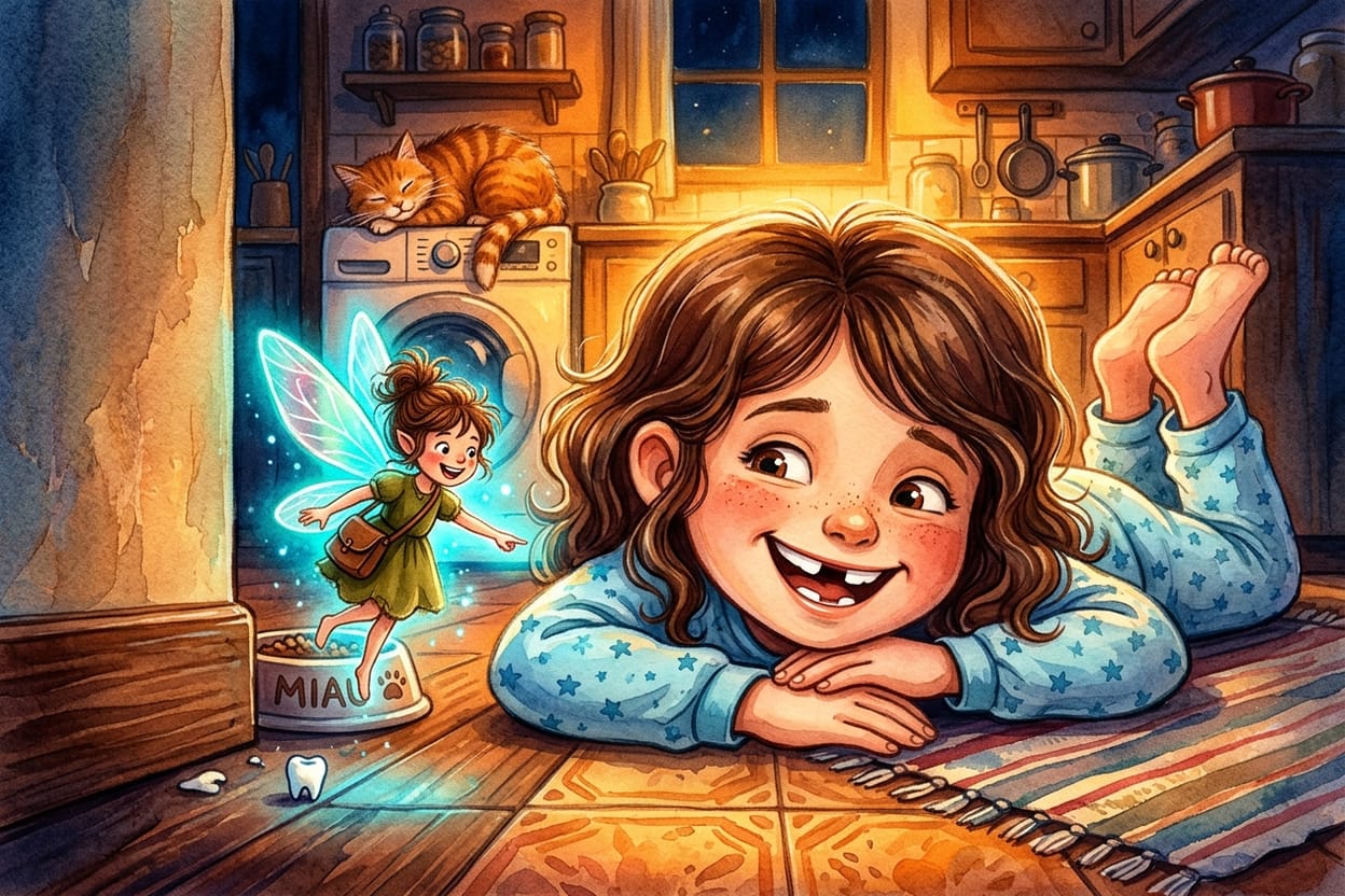 A menina com a bochecha no chão encontrando o dentinho embaixo da tigela do gato