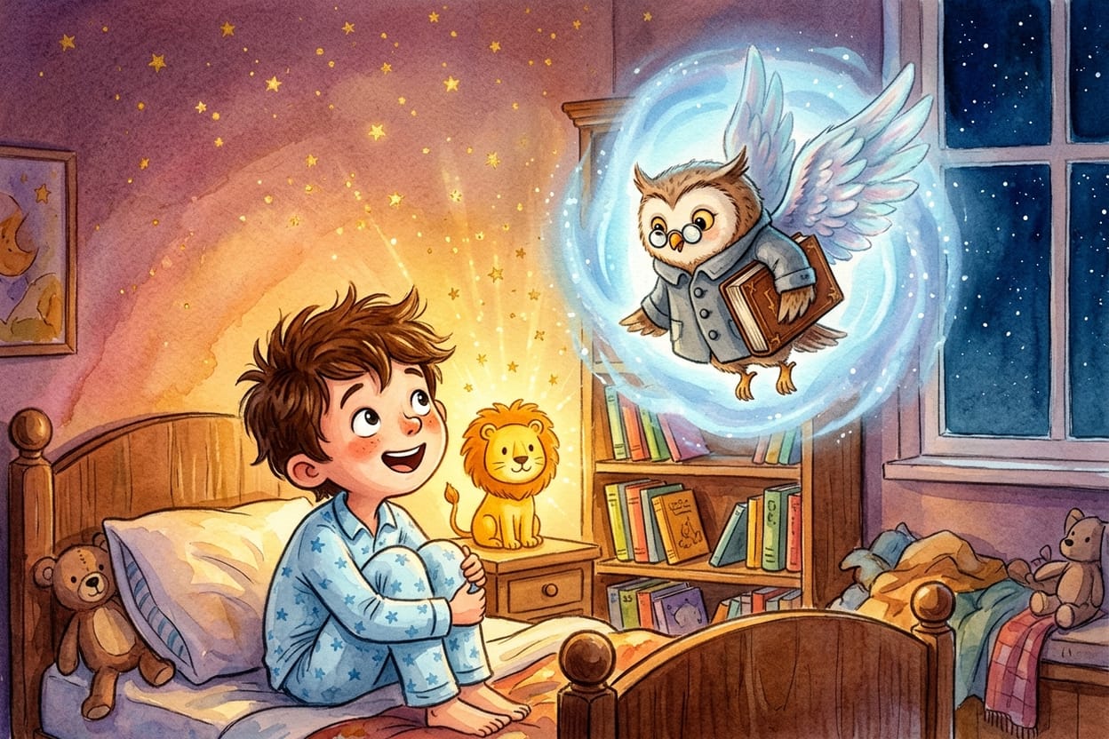 Uma pequena criatura de casaco cinza e óculos redondos surge de uma luz azulada no canto do quarto enquanto o menino a observa sentado na cama