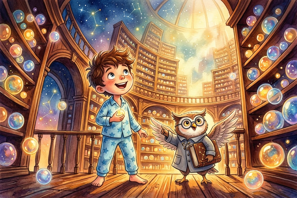 Prateleiras altíssimas cheias de bolhas de luz colorida numa biblioteca sem teto, com o menino e a pequena criatura no meio