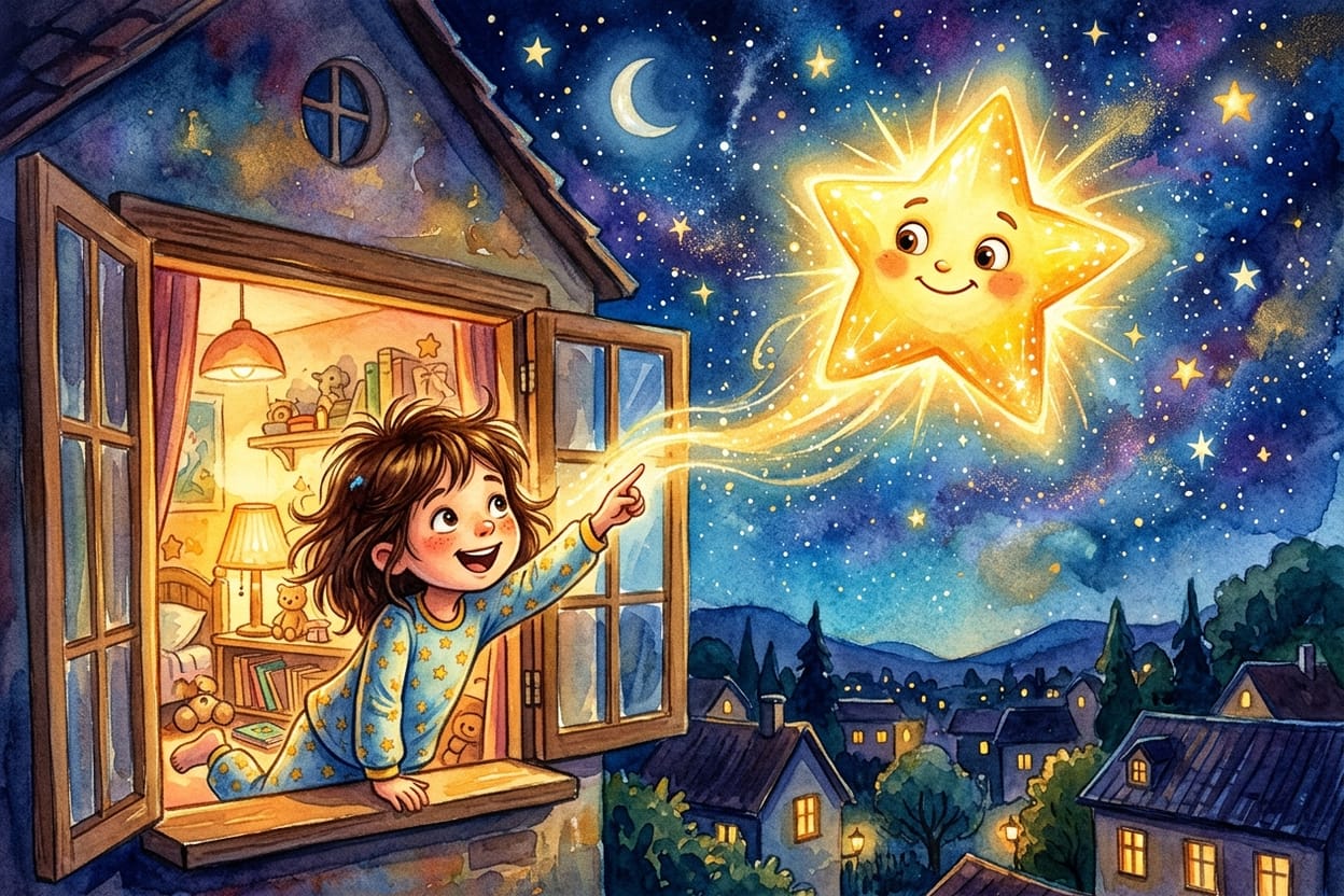 A estrelinha brilha e a criança aponta da janela