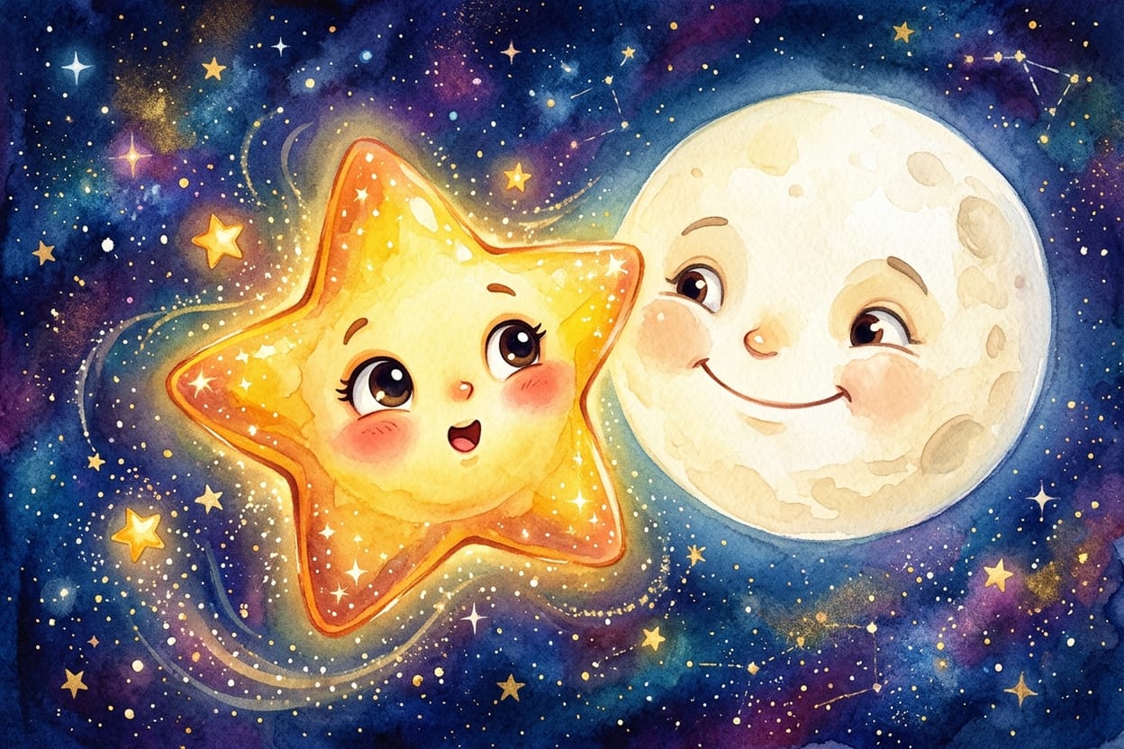 A estrelinha abre os olhos devagar para encarar o escuro, com a Lua ao lado