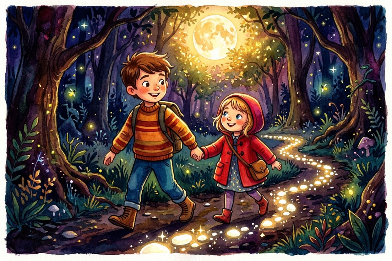 João e Maria seguem as pedrinhas que brilham ao luar