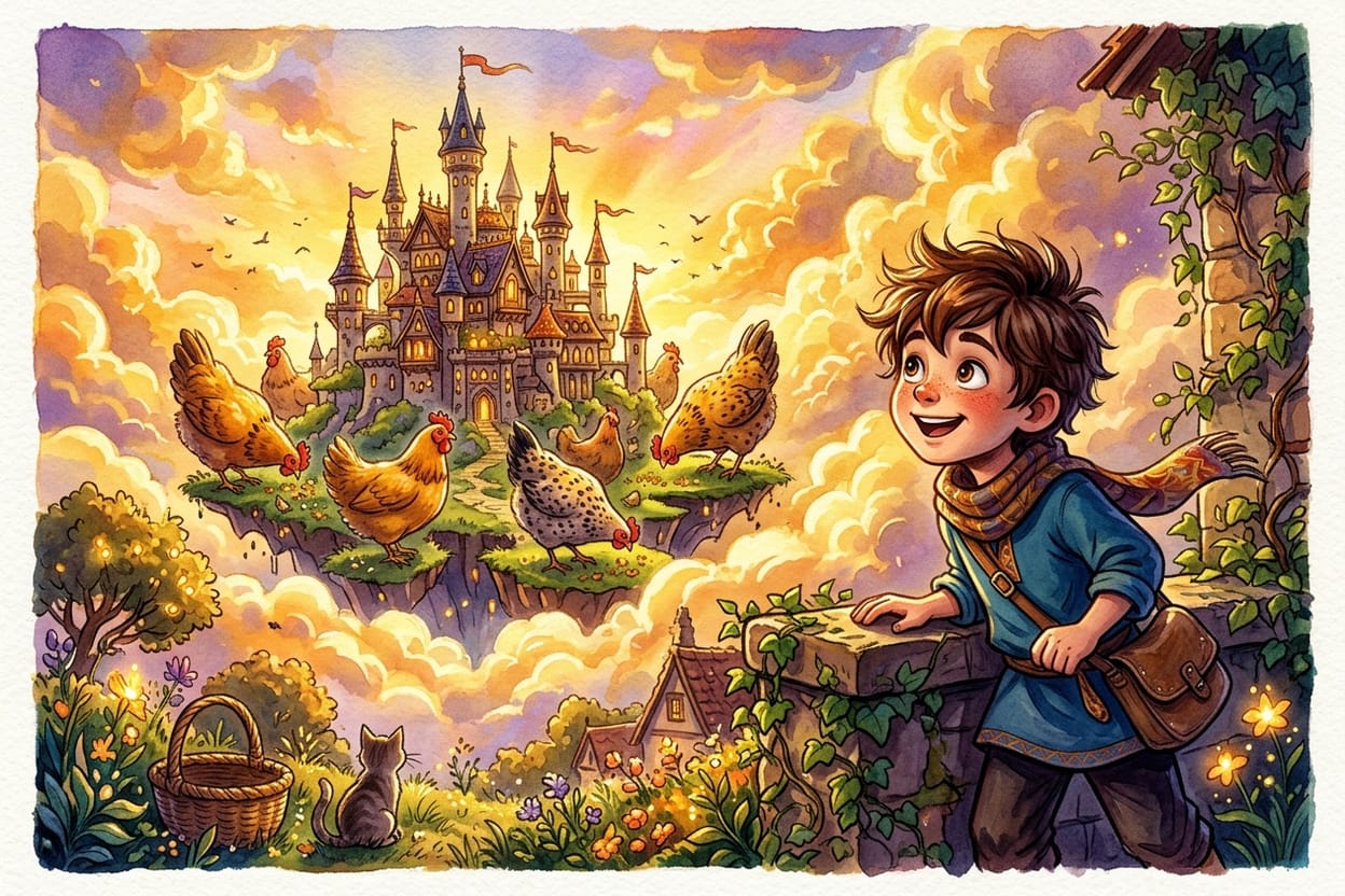 João avista o castelo acima das nuvens