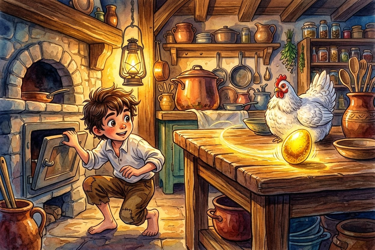 A galinha branca bota um ovo de ouro na mesa e o menino espia do forno