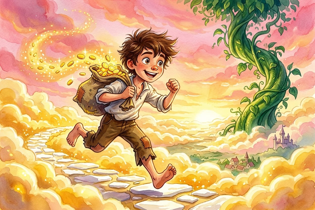 O menino atravessa as nuvens com um saco de moedas