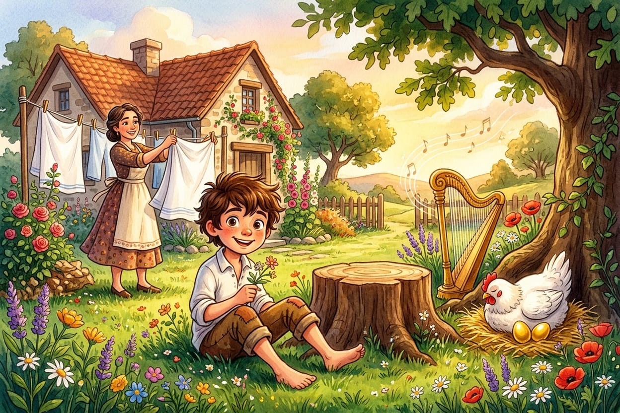 Mãe e filho no jardim da casa nova com a galinha