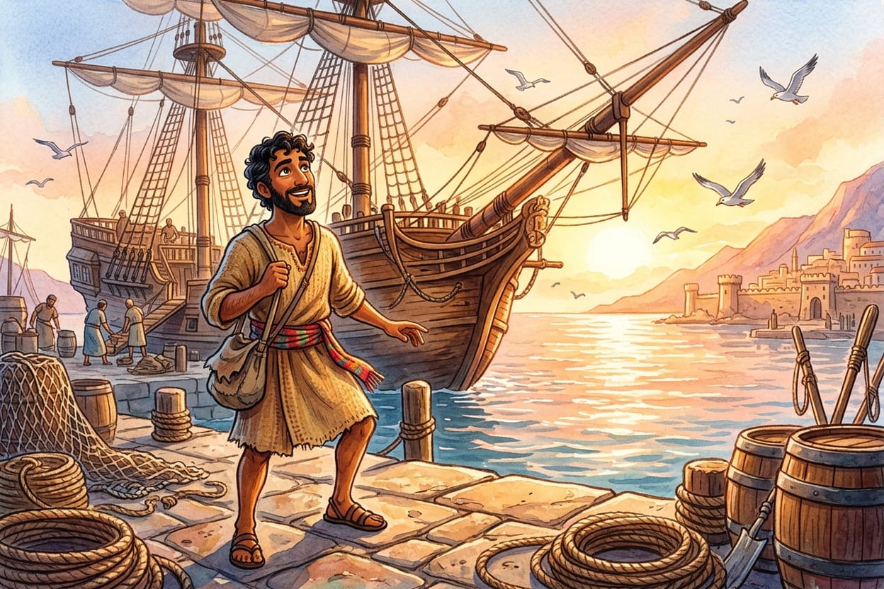 Homem de túnica cor de areia no cais de um porto antigo ao amanhecer, saco de pano no ombro, olhando um navio de madeira