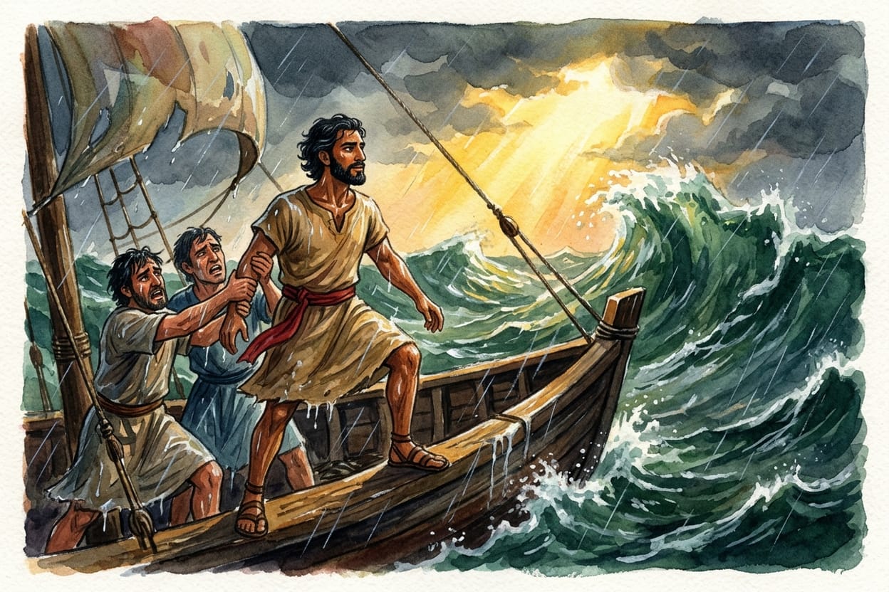 Homem de túnica cor de areia em pé na amurada de um navio, dois marinheiros segurando seus braços na chuva forte