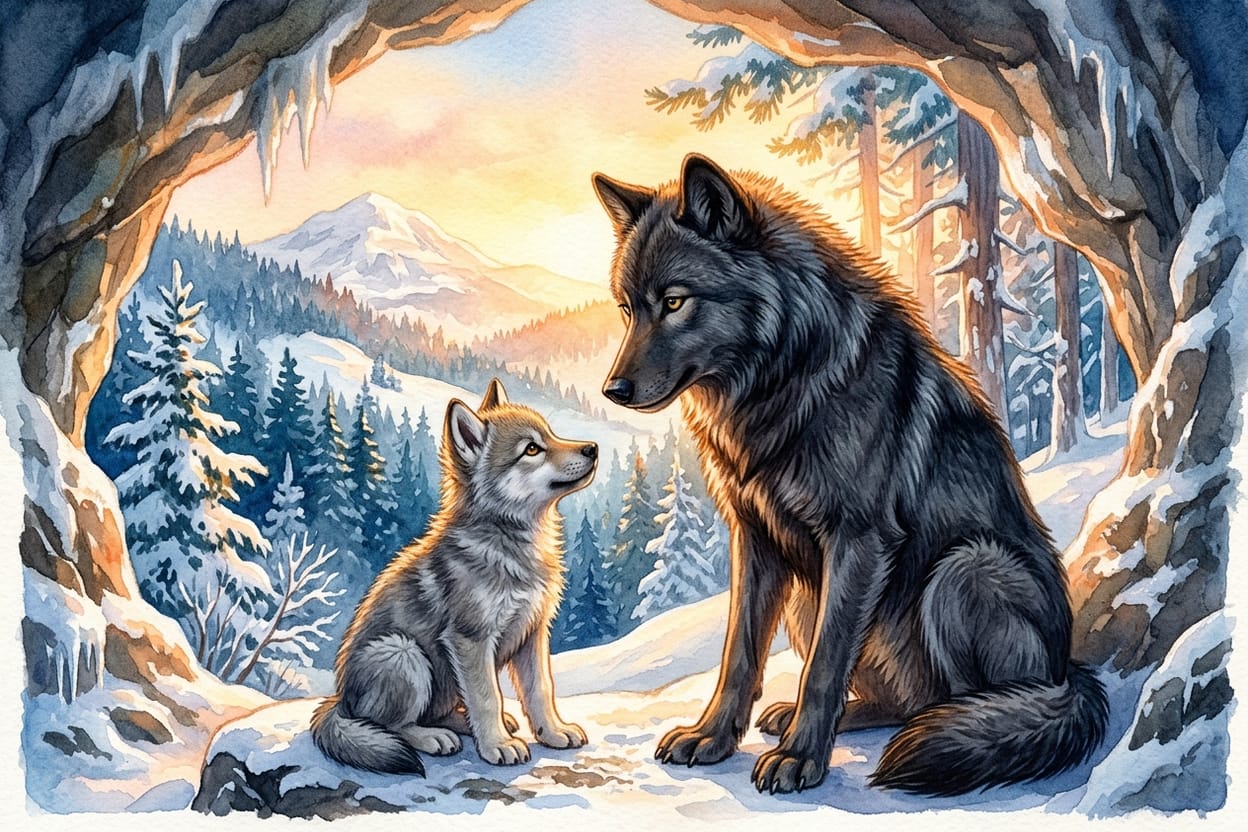 Sombra, a loba mais velha, fala com Cinzento na boca da caverna