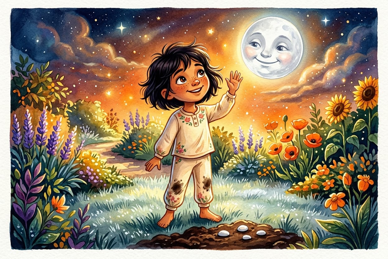 Clara de pé no jardim com o pijama sujo de terra, agradecendo à lua prateada acima do canteiro vazio
