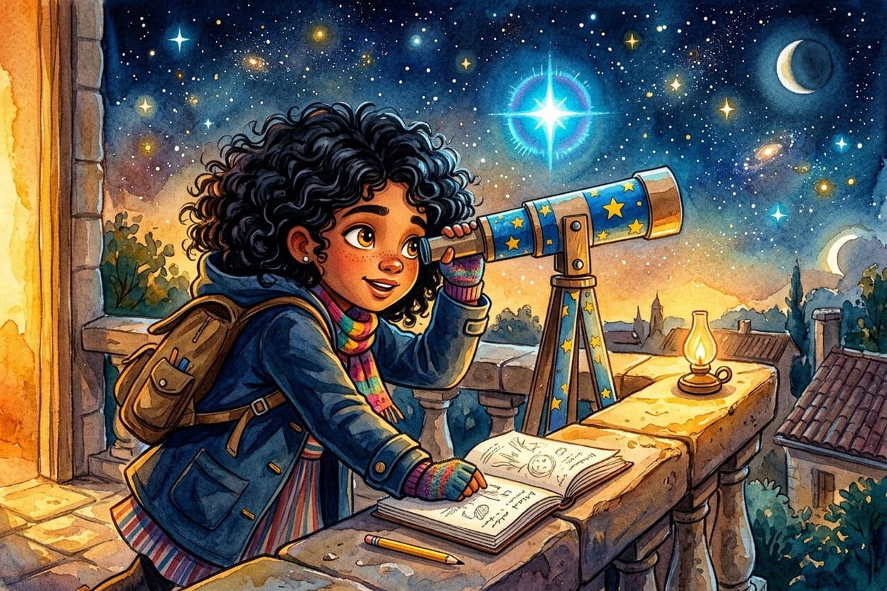 Íris no terraço à noite, o olho no telescópio de papelão, uma estrela piscando diferente das outras