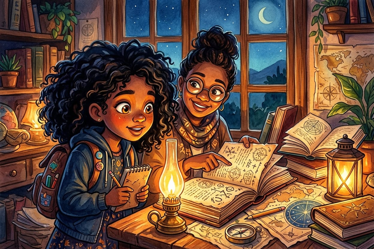 Íris e a mãe debruçadas sobre o caderno antigo do bisavô à luz de lamparina, cercadas de livros abertos