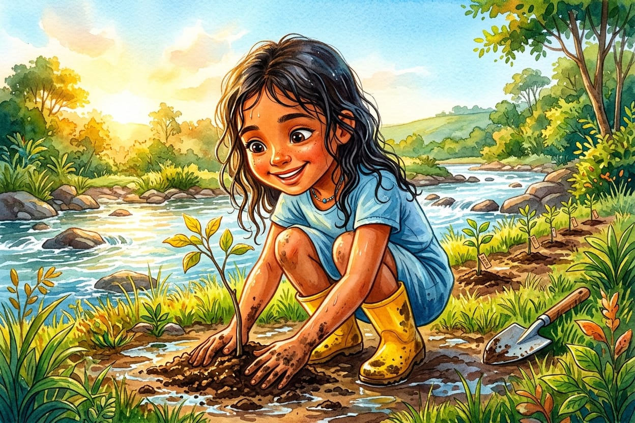 Lara agachada plantando uma pequena muda de ipê na margem do rio