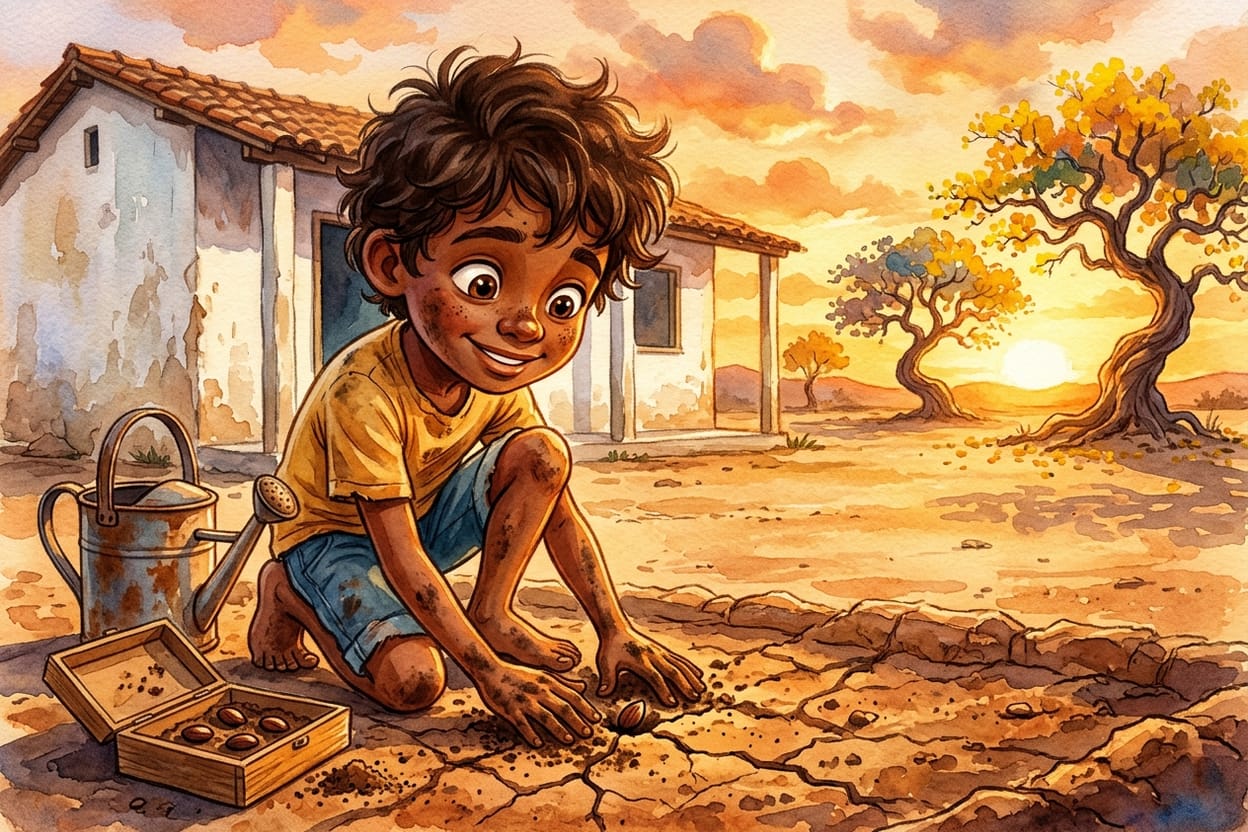 Miguel ajoelhado no canteiro seco diante da escola, cobrindo com as mãos a primeira semente