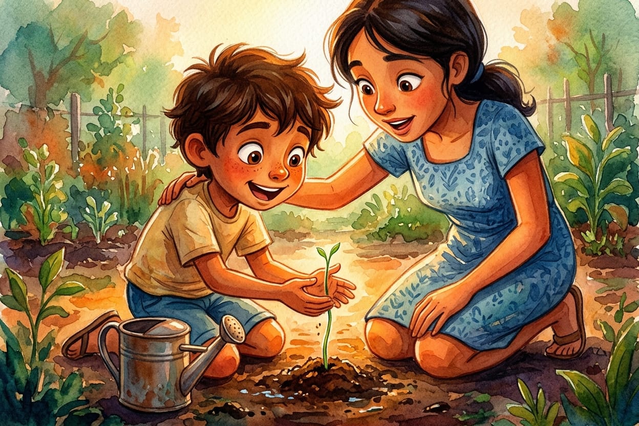 A mãe e o menino ajoelhados diante do broto verde minúsculo que rompeu a terra
