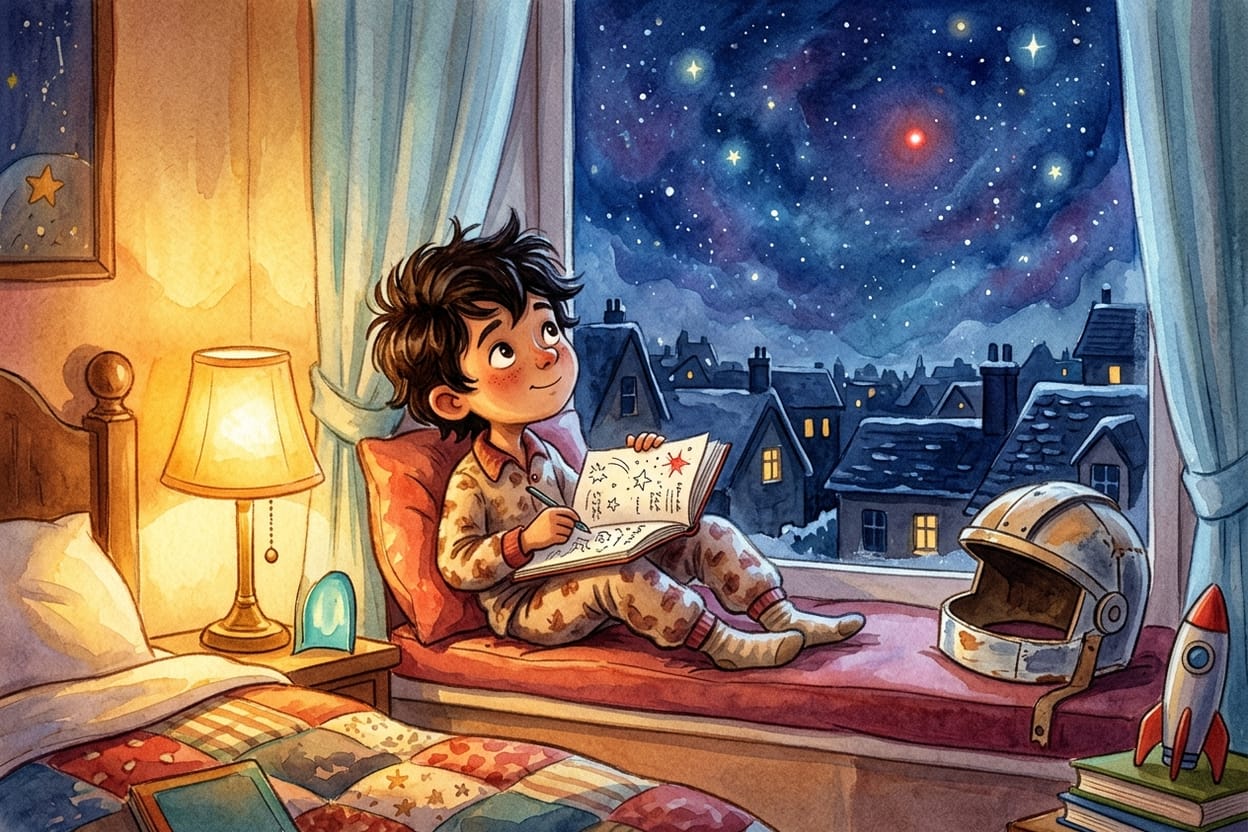 Pedro na janela do quarto, caderno no colo, procurando Marte no céu