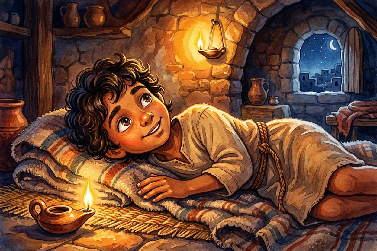 Menino deitado na esteira sob a coberta, de olhos abertos, escutando o silêncio do templo