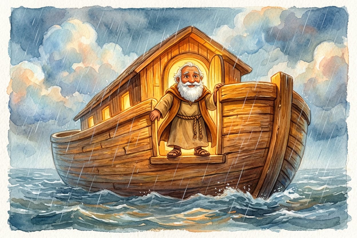 A arca boiando sozinha na chuva forte, cercada de água em todas as direções