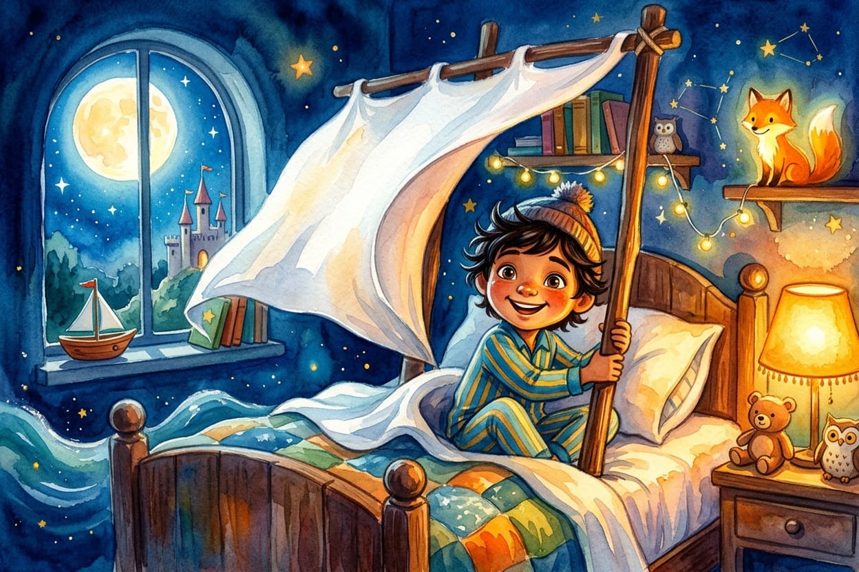 Uma cama de criança vista de lado, com o lençol formando uma vela e o quarto em penumbra azul