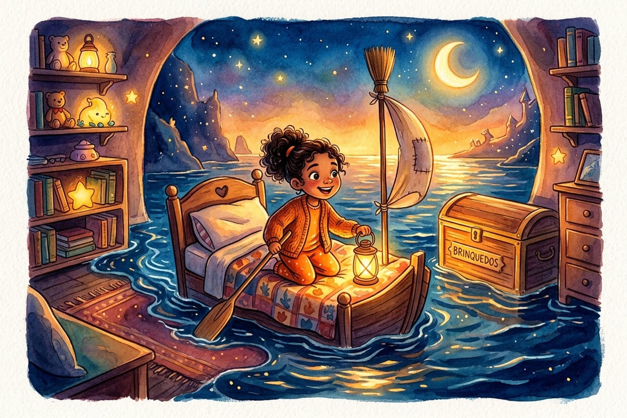 Um quarto escuro onde o chão virou mar calmo, com uma cama navegando entre o tapete e o cesto de brinquedos