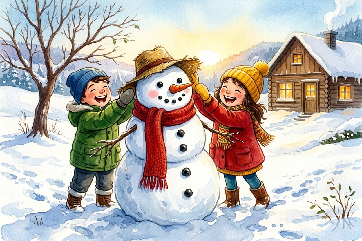 Duas crianças agasalhadas terminando um boneco de neve no quintal coberto de branco, colocando um chapéu de palha na cabeça dele