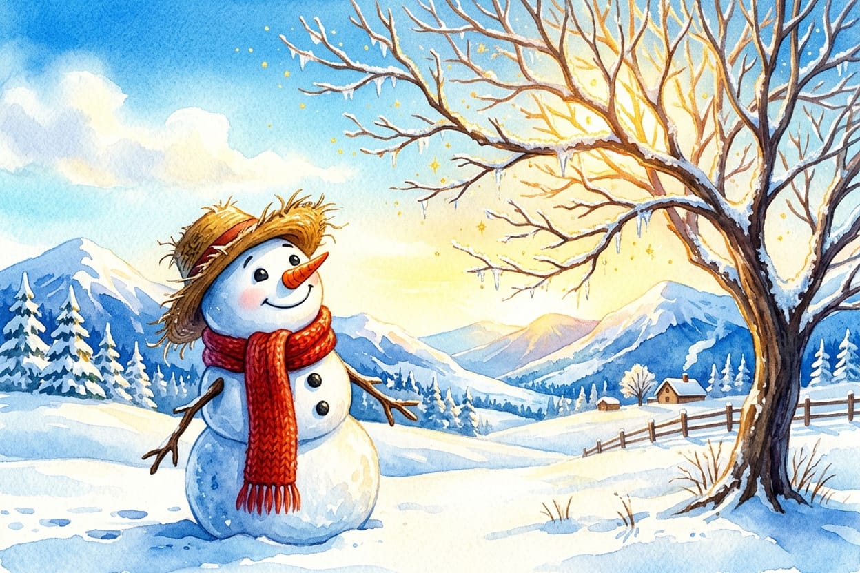 Um boneco de neve de cachecol vermelho e chapéu de palha olhando para uma árvore sem folhas coberta de geada, no meio de um quintal branco