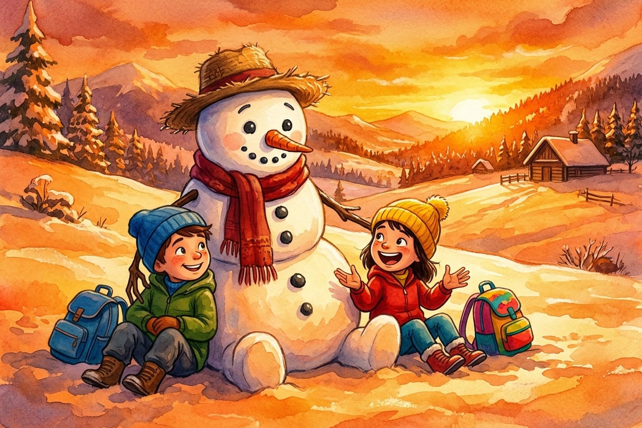 Duas crianças sentadas na neve ao pé de um boneco de neve de cachecol vermelho e chapéu de palha, conversando na luz dourada do fim da tarde