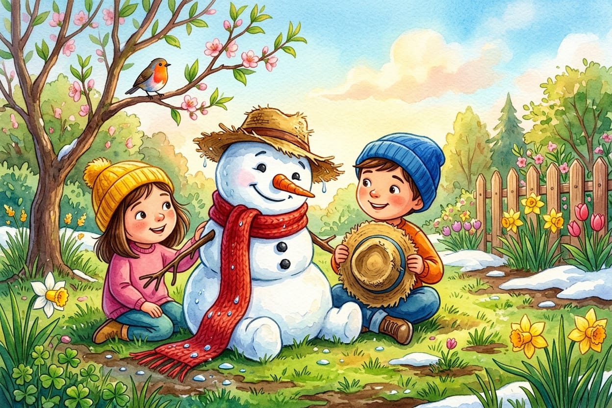 Um boneco de neve menor, de cachecol vermelho encostando na grama que aparece, sob o sol morno da manhã, com duas crianças sentadas ao lado