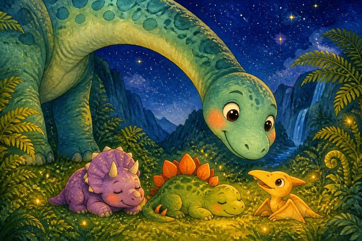 Um braquiossauro enorme e gentil abaixando o pescoço comprido até três dinossaurinhos deitados na grama do vale, à noite, sob um céu cheio de estrelas