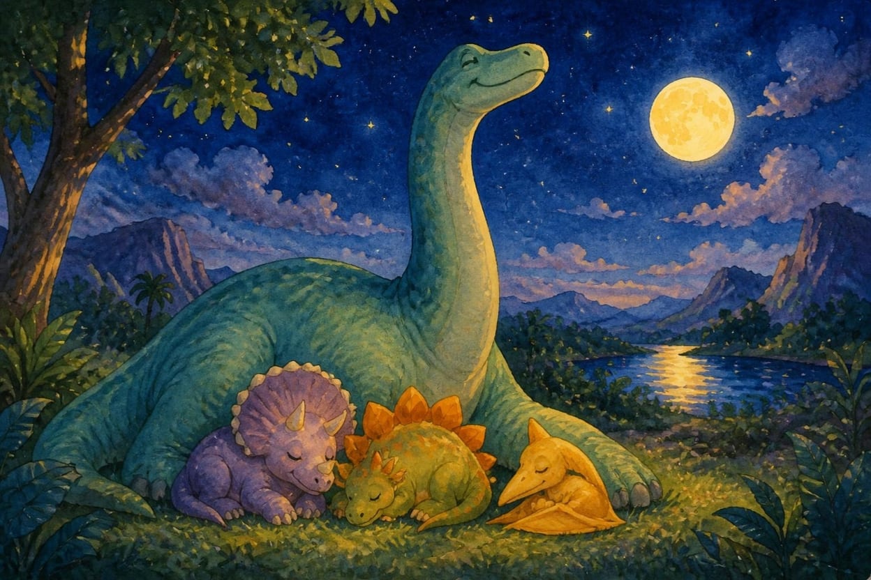 Três dinossaurinhos dormindo encolhidos na grama, encostados na perna de um braquiossauro, que olha para o céu estrelado com o pescoço esticado, sob a luz suave da lua
