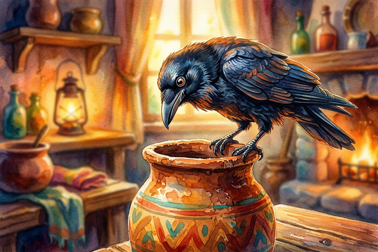 Um corvo preto pousado na borda de uma jarra de barro alta, olhando para dentro dela