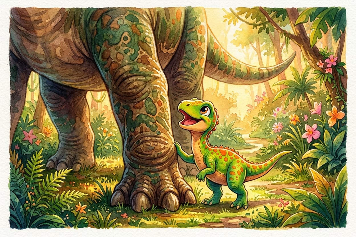 Um filhote de dinossauro pequeno e verde esticando o pescoço ao lado da perna enorme da mãe