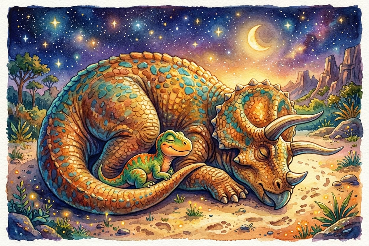 Um filhote de dinossauro aninhado na curva do pescoço da mãe, os dois deitados na areia sob as estrelas