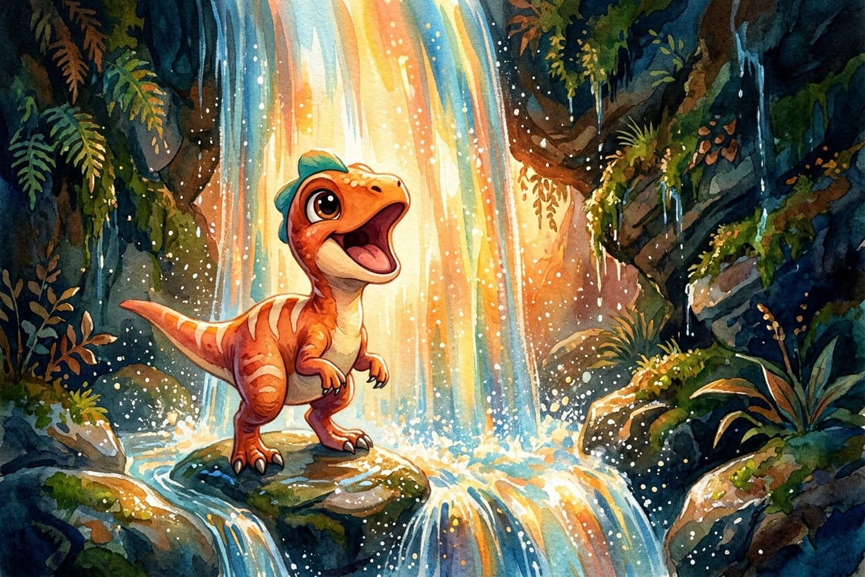 A mesma dinossaura pequena treina sozinha atrás de uma cortina de água, com a boca aberta e as patas firmes numa pedra lisa e molhada