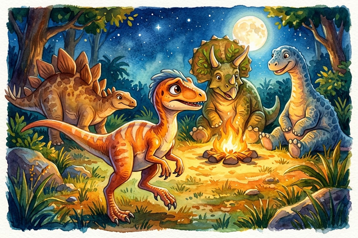Uma dinossaura pequena de crista azulada dá um passo à frente numa roda de dinossauros à noite, boca meio aberta, e recua sem soltar som