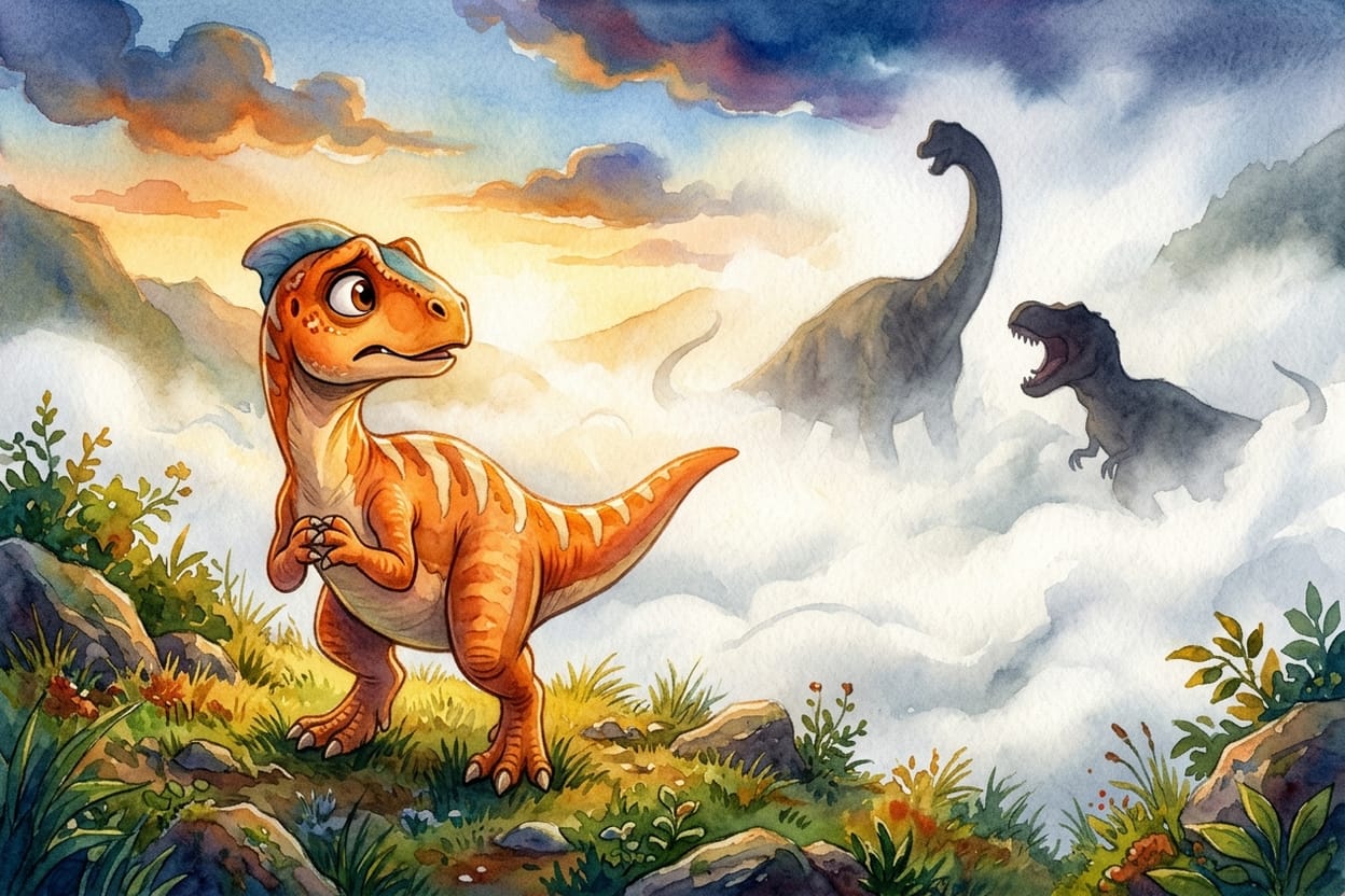 Vultos de dinossauros rugindo na beira de um vale tomado por neblina branca e espessa ao anoitecer
