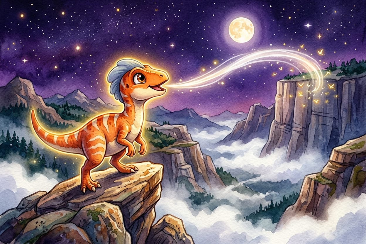 A dinossaura pequena de pé no alto de uma pedra, cabeça erguida, soltando um assobio que rasga a neblina branca sob um céu roxo