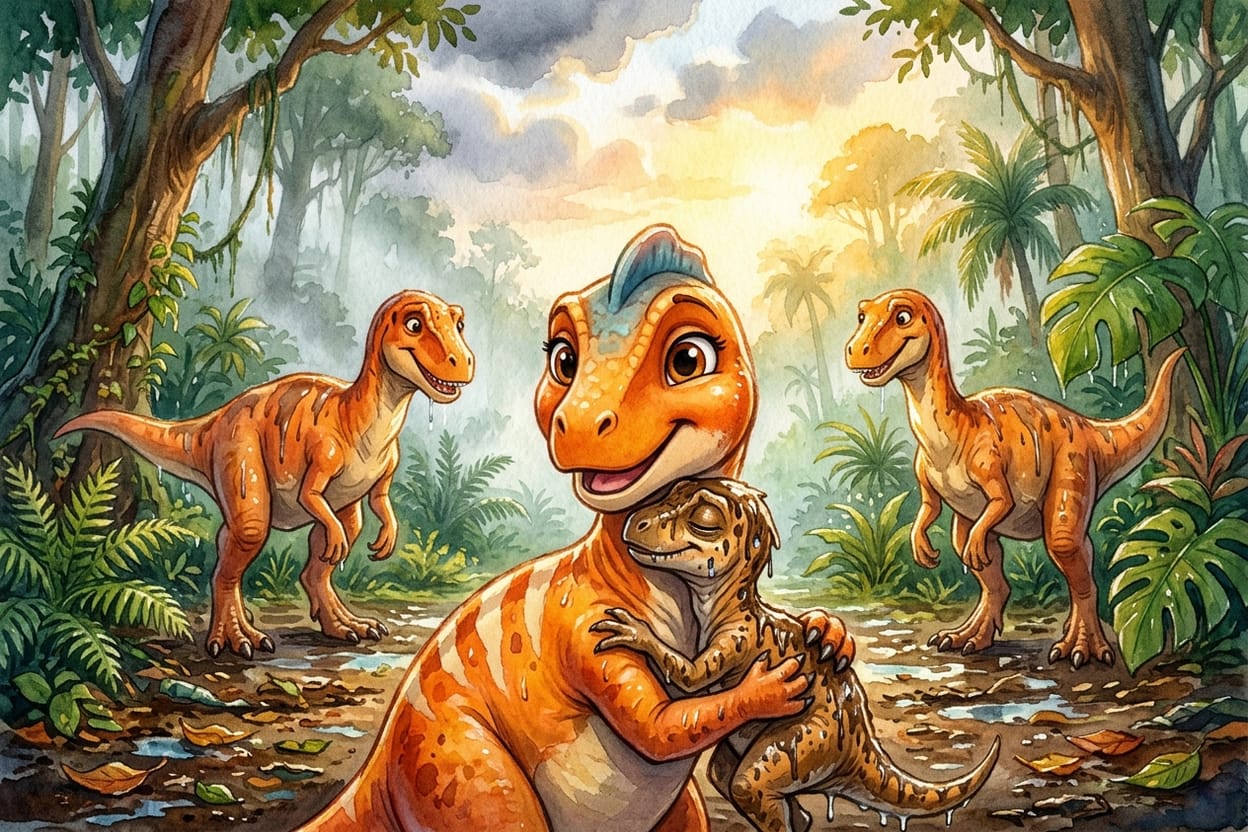 O filhote de dinossauro molhado e cheio de barro encostado na dinossaura pequena, cercado por adultos aliviados na beira do descampado