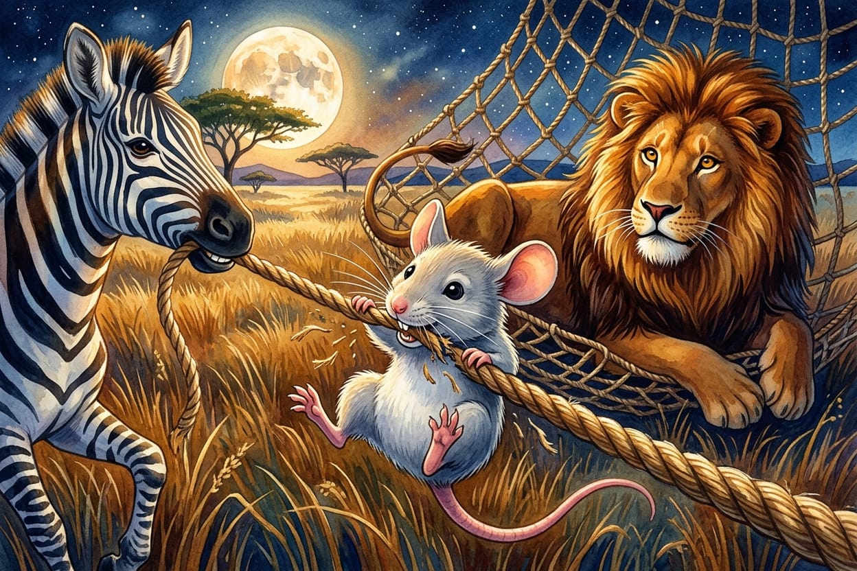 Na madrugada, o ratinho cinza rói um fio de corda grossa que uma zebra segura esticada com os dentes, ao lado do leão preso na rede