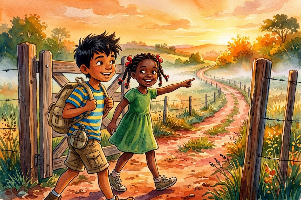 Dois amigos saindo pelo portão de casa numa estrada de terra vermelha ao amanhecer