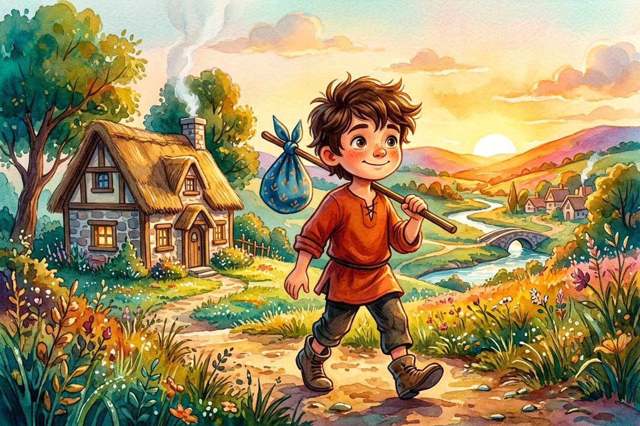 Um menino de túnica simples segurando uma trouxinha de pano ao amanhecer, saindo de casa